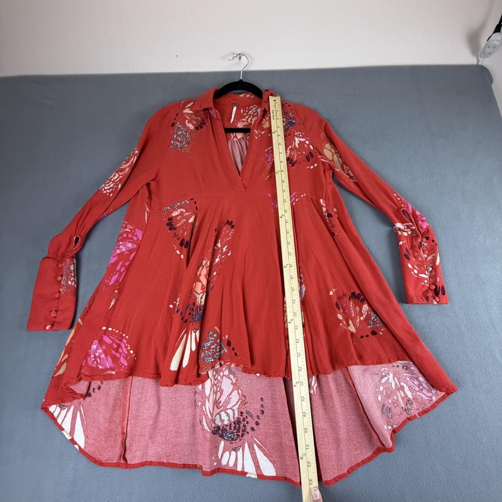 Free People Tunic Shirt Womens Small Red Floral Butterfly Boho Long Sleeve Rayon - Picture 6 of 16